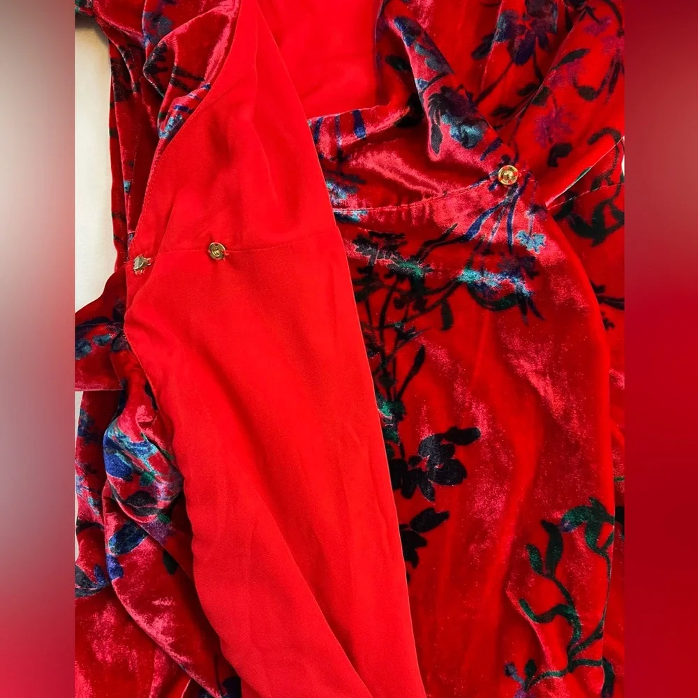 House of Harlow 1960 Revolve Red Floral Velvet Wrap Dress Holiday Party Wedding - Picture 13 of 16